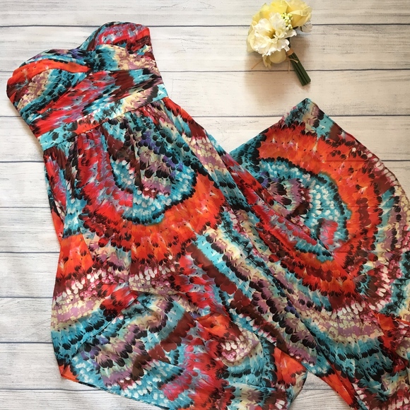 Strapless Sweetheart Feather Print High-Low Gown-6 - Picture 2 of 8